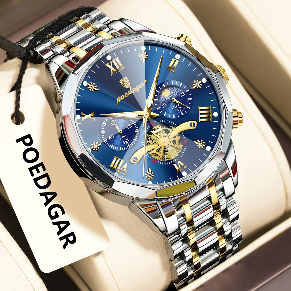 Ceas de lux original pentru bărbați POEDAGAR, rezistent la apă, cronograf luminos, ceas de mână din oțel inoxidabil cu mecanism cu cuarț, ceasuri de înaltă calitate pentru bărbați