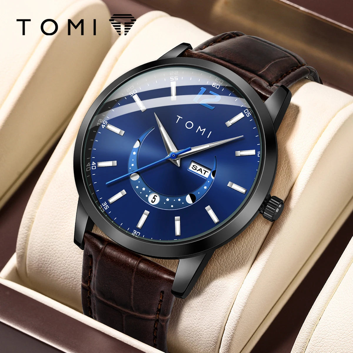 TOMI-kvartsur, elegant i affärsstil, med läderarmband, boett i legering och urtavla med visare – Exklusiv design, presentidé för män