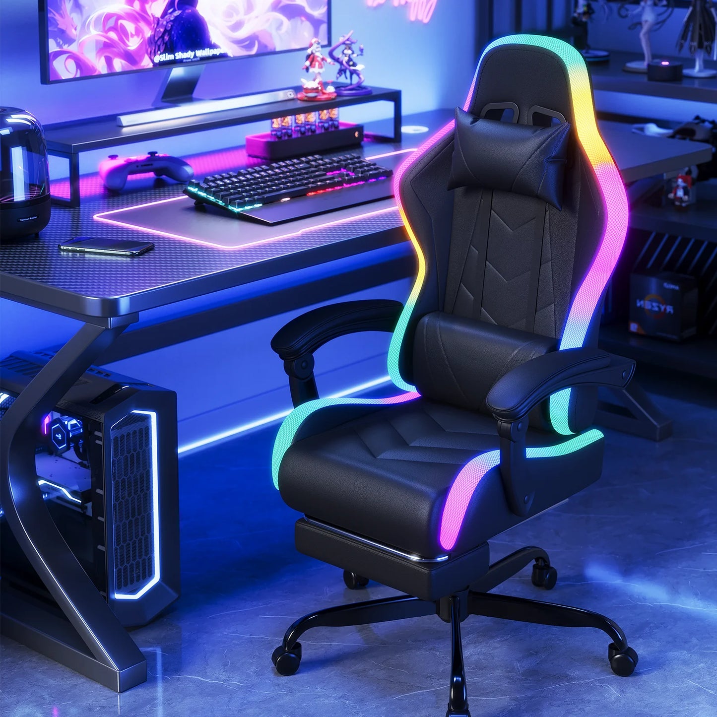 Devoko fabric gaming chair with LED lighting Comfortable ergonomic design with footrest and height adjustable headrest