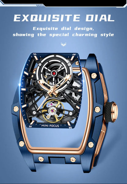 Reloj de pulsera MINI FOCUS para hombre, negro, a la moda, resistente al agua, mecánico automático, con manecillas luminosas, correa de silicona y esfera tonneau