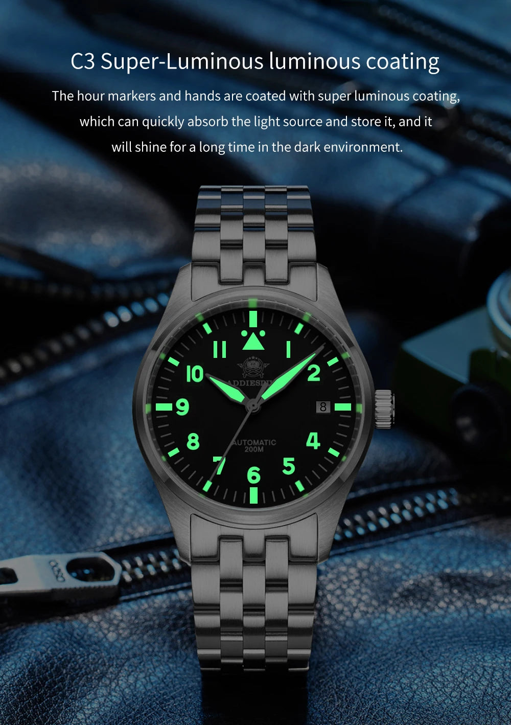 ADDIESDIVE Fashion Retro Personalized Watches 200m Waterproof C3 Luminous Steel Watch Sapphire Glass Mechanical Analog Watches