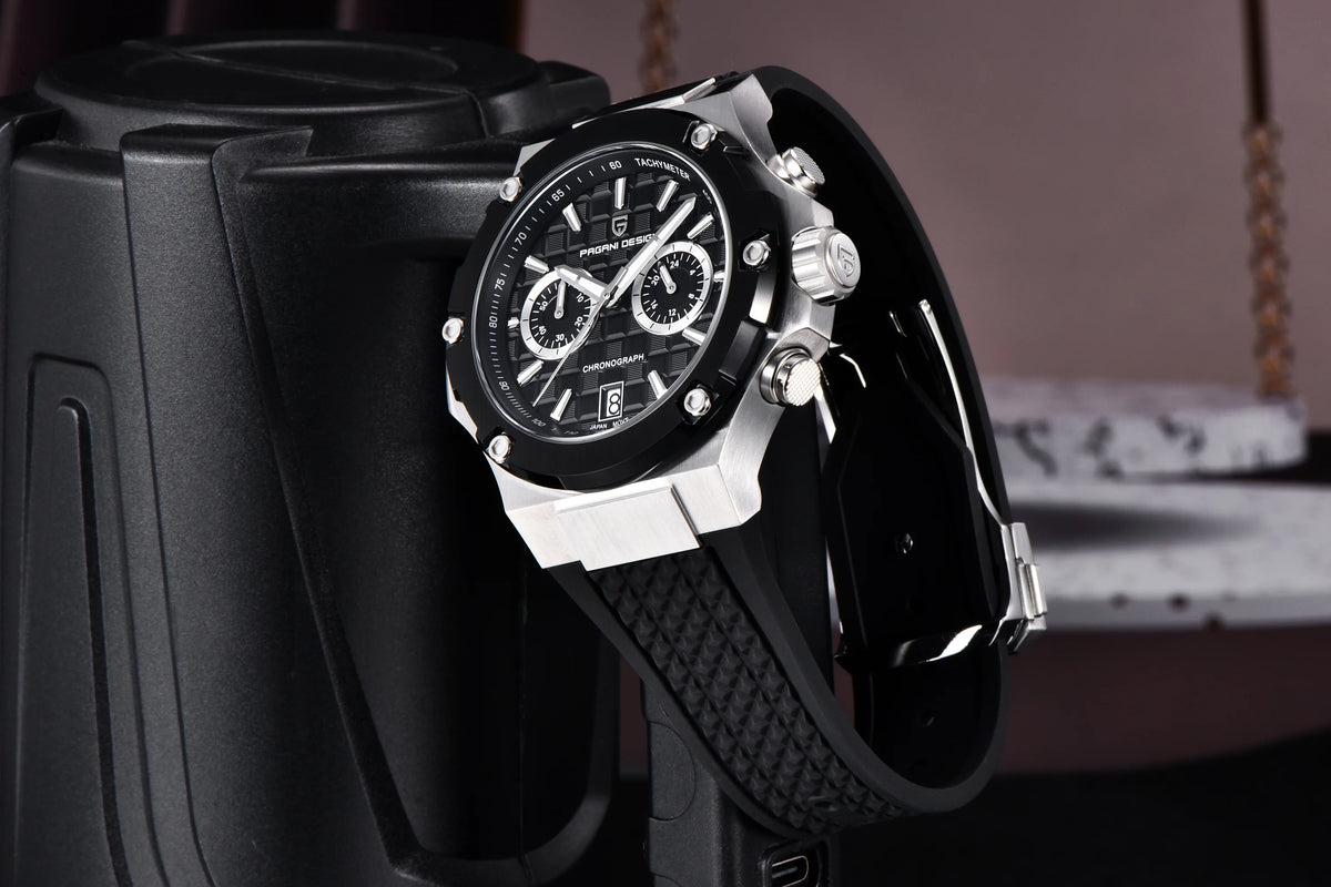 Orologio da uomo PAGANI DESIGN – Cronografo sportivo di lusso in oro rosa, dotato di un movimento al quarzo giapponese VK64 e di un cinturino in gomma fluorurata.