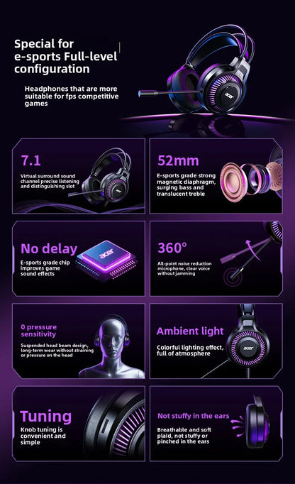 Acer Gaming Headphones with Mic 7.1 Stereo Virtual Surround LED Light Bass Earphone Headsets Gamer for Computer PC Gamer OHW303