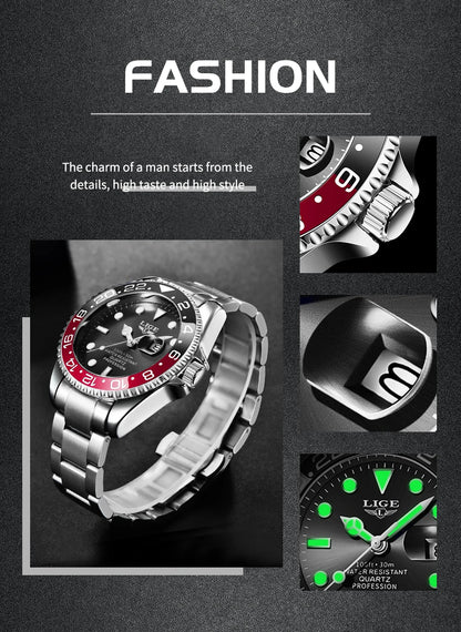 Montre-bracelet LIGE Fashion Business pour homme, étanche à 3 ATM, luminescente, montre de luxe sportive à quartz, chronographe de plongée