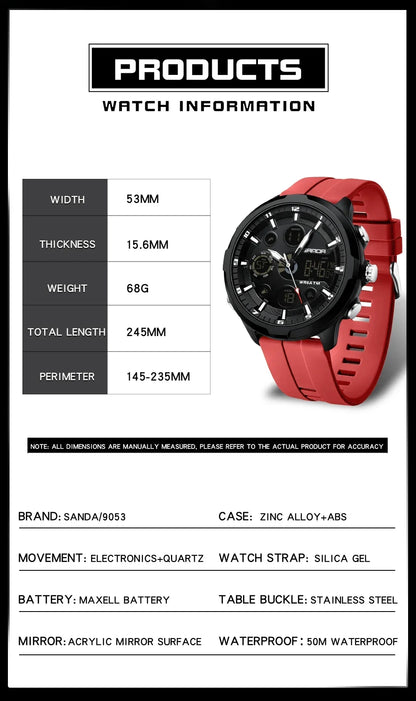 SANDA 9053 G Montres de sport militaires pour homme Montre numérique de luxe Montre-bracelet à quartz étanche jusqu’à 50 m pour homme Relogios Masculino