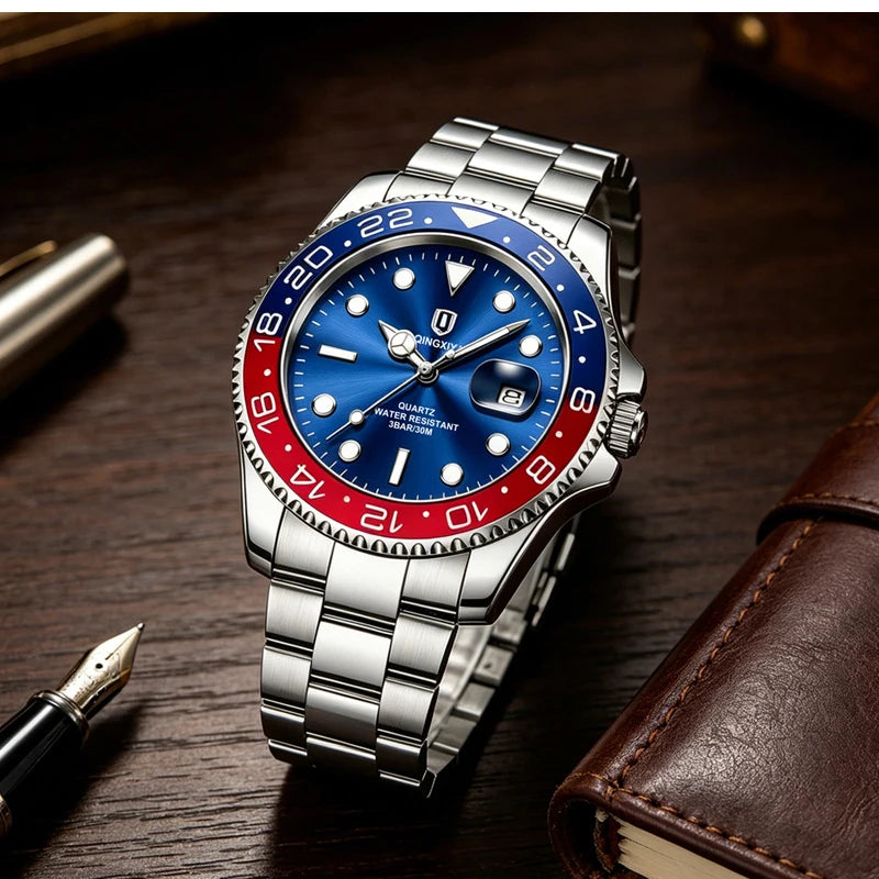 QINGXIYA Montres de luxe à quartz pour homme en acier inoxydable, étanches, avec date luminescente, montre-bracelet pour homme, reloj hombre