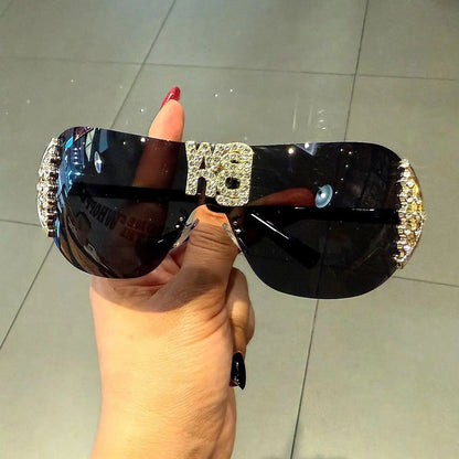 Luxuriöse Y2K-Sonnenbrille für Damen ohne Rahmen mit Strassbuchstaben – Designer-Sonnenbrille für den Außenbereich, UV400-Schutz