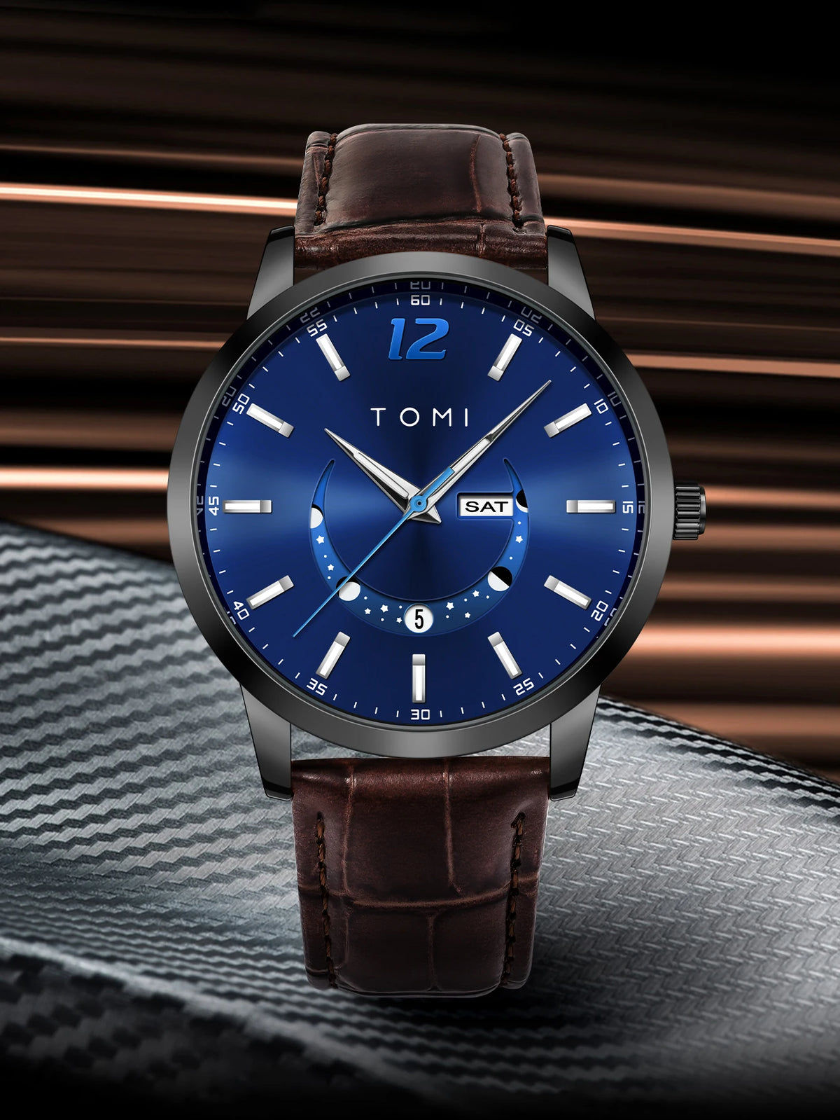 TOMI-kvartsur, elegant i affärsstil, med läderarmband, boett i legering och urtavla med visare – Exklusiv design, presentidé för män