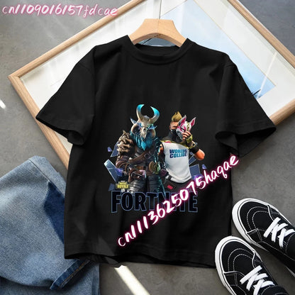 Fortnites Kids Black Cotton T Shirt Fortress Night Baby Short Sleeve Tees Shirt Cartoon Boy Girl Summer Clothes Kawaii Tops Gift