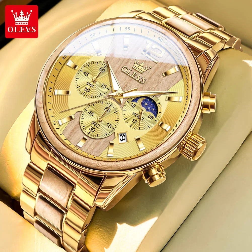 Orologio da uomo OLEVS 3645 in legno, di lusso, con illuminazione notturna, cronografo multifunzionale, al quarzo, stile retrò, orologio sportivo di tendenza.