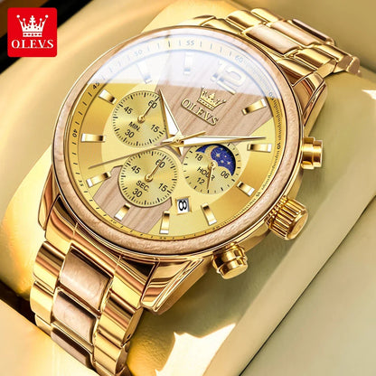 Orologio da uomo OLEVS 3645 in legno, di lusso, con illuminazione notturna, cronografo multifunzionale, al quarzo, stile retrò, orologio sportivo di tendenza.