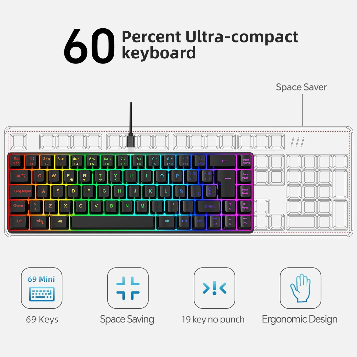 Hot Sale! 69-Key RGB Backlit Wired Gaming Keyboard, 68% Compact Design, A Must-Have Gadget for Office Workers and Gamers