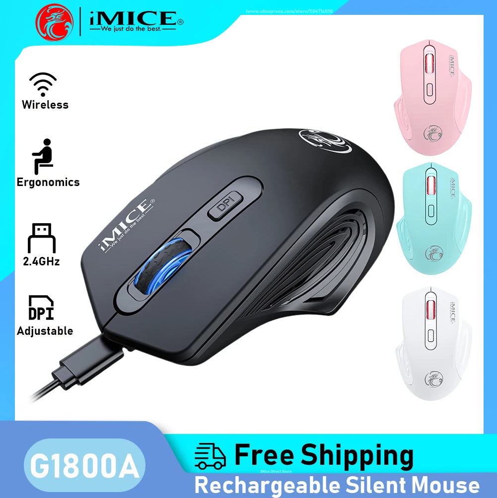 Silent Rechargeable 1600 DPI Adjustable 2.4GHz Wireless Connection Mouse Quiet Click For Office Use Compatible Wiht PC Laptop