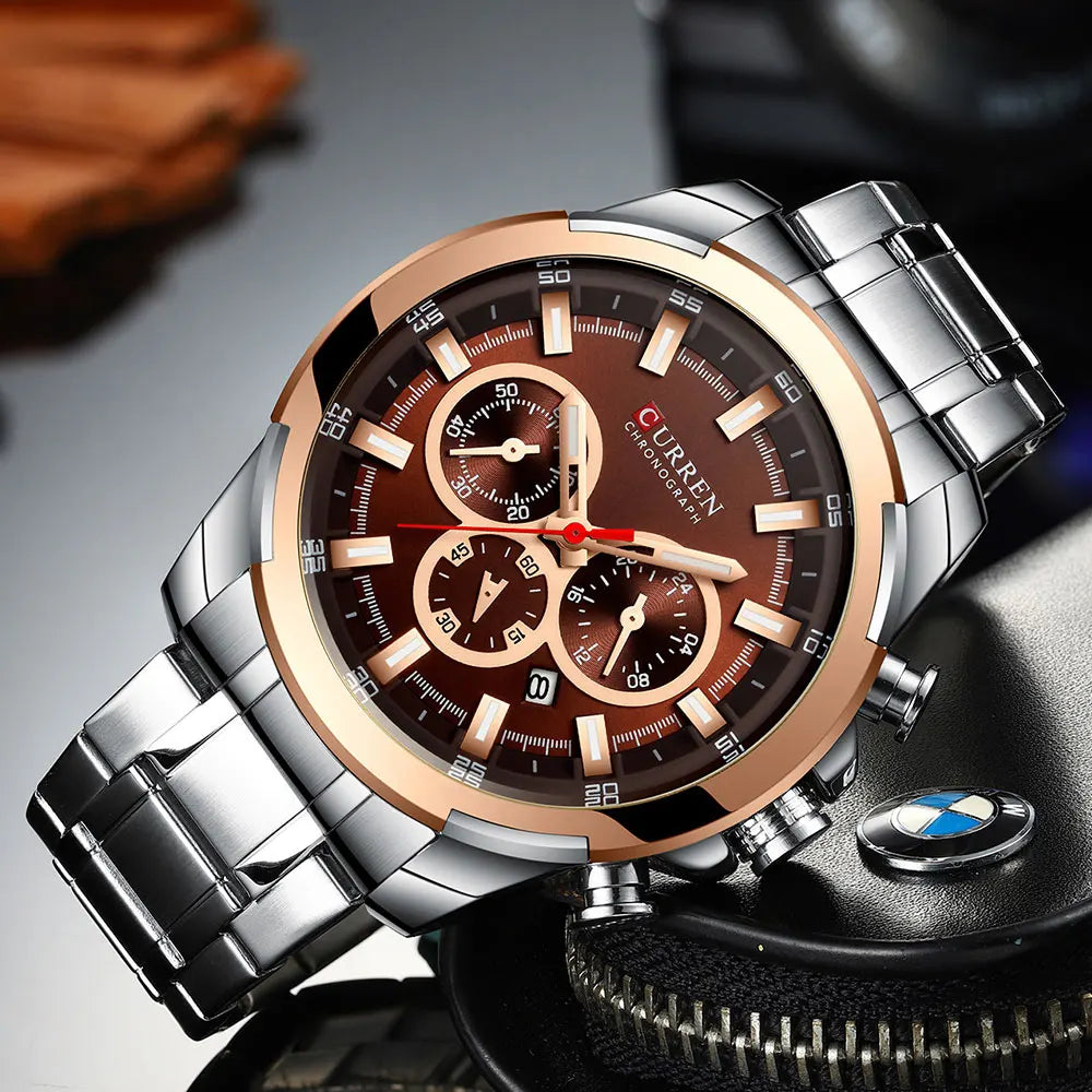 Orologio cronografo da uomo CURREN, quadrante grande da 48 mm, bracciale in acciaio inossidabile, tre contatori, orologio da polso sportivo al quarzo, stile lussuoso