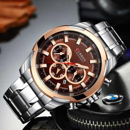 Orologio cronografo da uomo CURREN, quadrante grande da 48 mm, bracciale in acciaio inossidabile, tre contatori, orologio da polso sportivo al quarzo, stile lussuoso