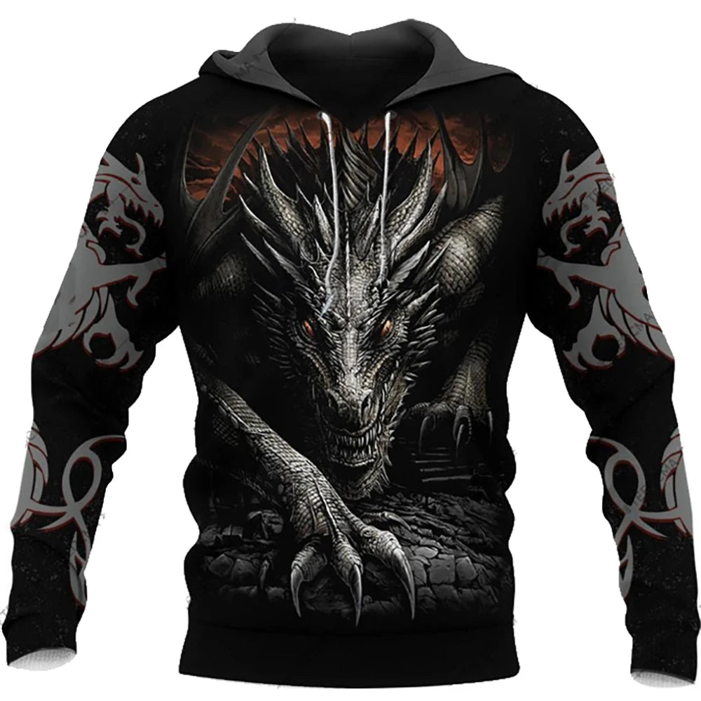 Sudadera con capucha unisex para hombre, manga larga otoño-invierno, estampado 3D de dragón estilo tatuaje, streetwear casual tipo pulóver en conjunto deportivo