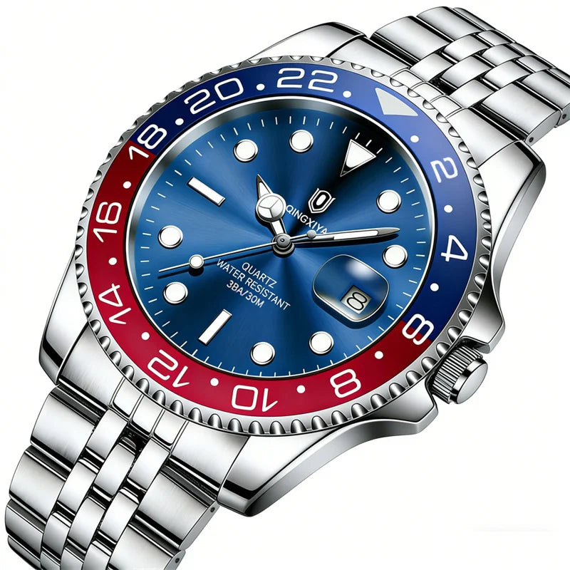 QINGXIYA Montres de luxe à quartz pour homme en acier inoxydable, étanches, avec date luminescente, montre-bracelet pour homme, reloj hombre