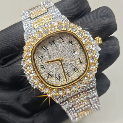 Luxury Brand Men Quartz Watch Fashion Square Hip Hop Diamond Out Sparkling Jewelry Waterproof Stainless Steel Wristwatch Man New