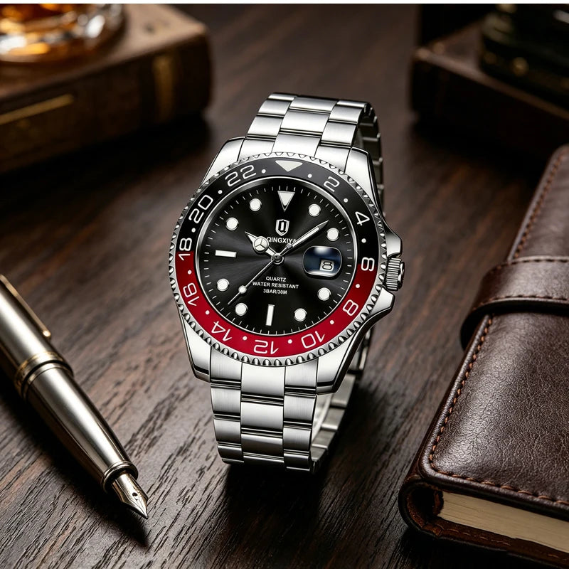 QINGXIYA Montres de luxe à quartz pour homme en acier inoxydable, étanches, avec date luminescente, montre-bracelet pour homme, reloj hombre