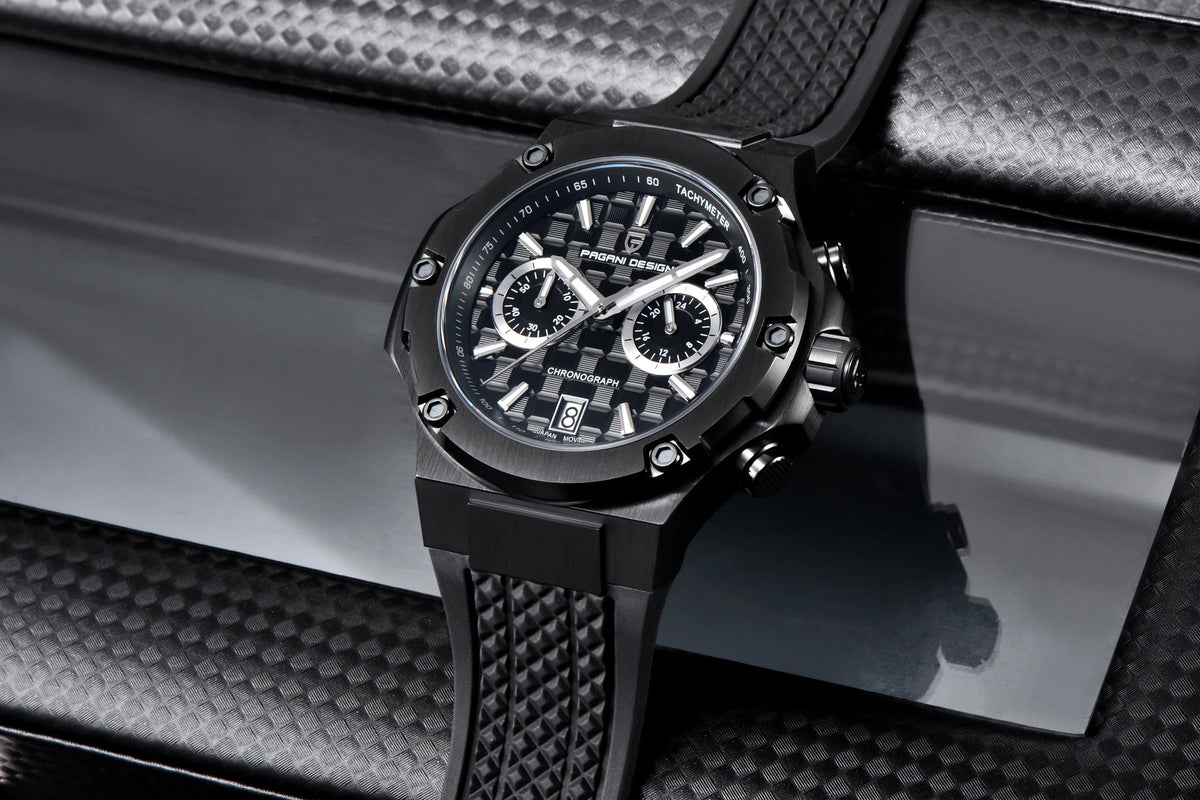 Orologio da uomo PAGANI DESIGN – Cronografo sportivo di lusso in oro rosa, dotato di un movimento al quarzo giapponese VK64 e di un cinturino in gomma fluorurata.