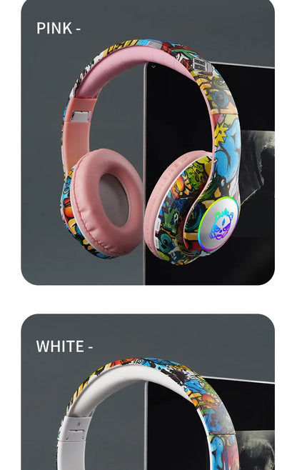 New Graffiti Wireless Overhead Headset with Mic LED Light LX-8686 High Quality TF Card Bluetooth Headphones for PC Gaming Child