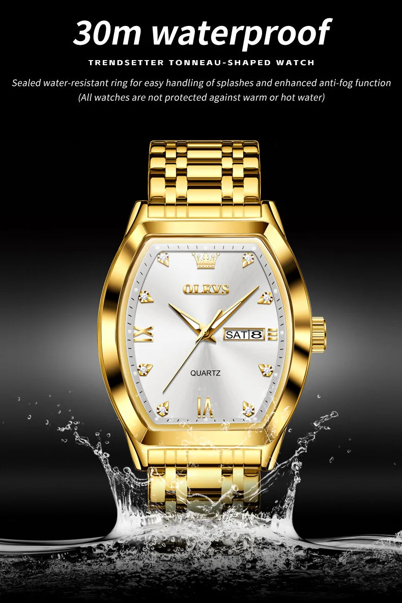 OLEVS Nouvelles montres pour homme Montres à quartz de luxe en or Montres classiques à cadran tonneau Montres à quartz étanches et luminescentes pour homme 5528