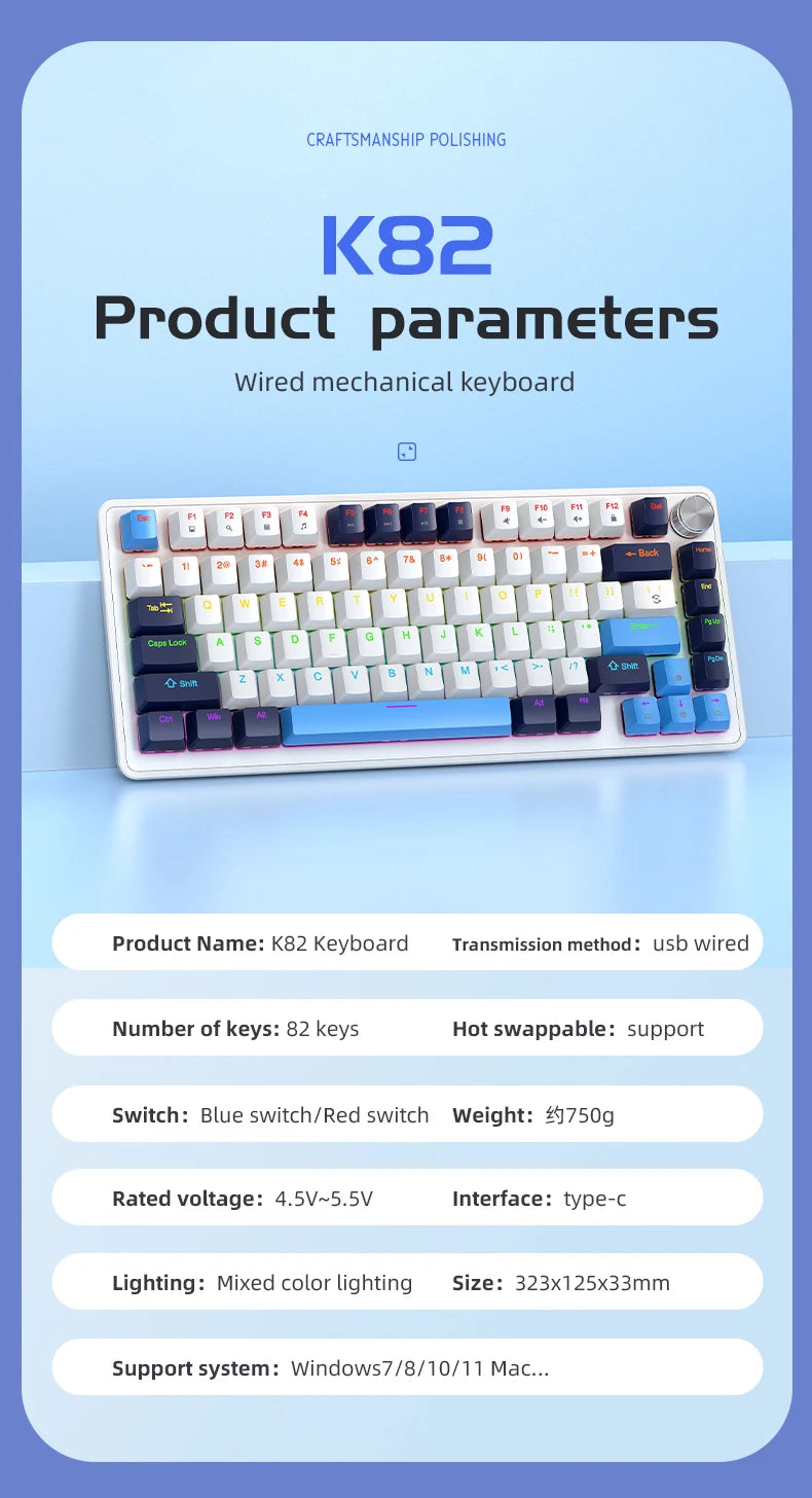 K82 75% Wired Mechanical Keyboard RGB Backlight, 82 KEY, Full Key Hot Swappable Blue Switch, Multifunctional Knob, Windows & Mac
