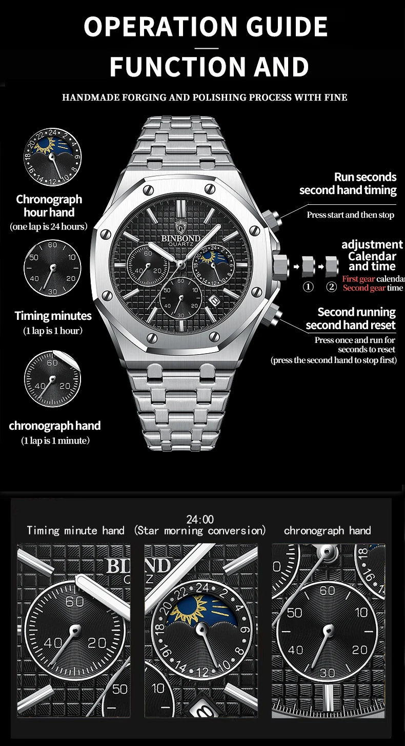 Montre-bracelet à quartz BINBOND pour homme, chronographe de luxe luminescent, en acier inoxydable, étanche, avec date et calendrier