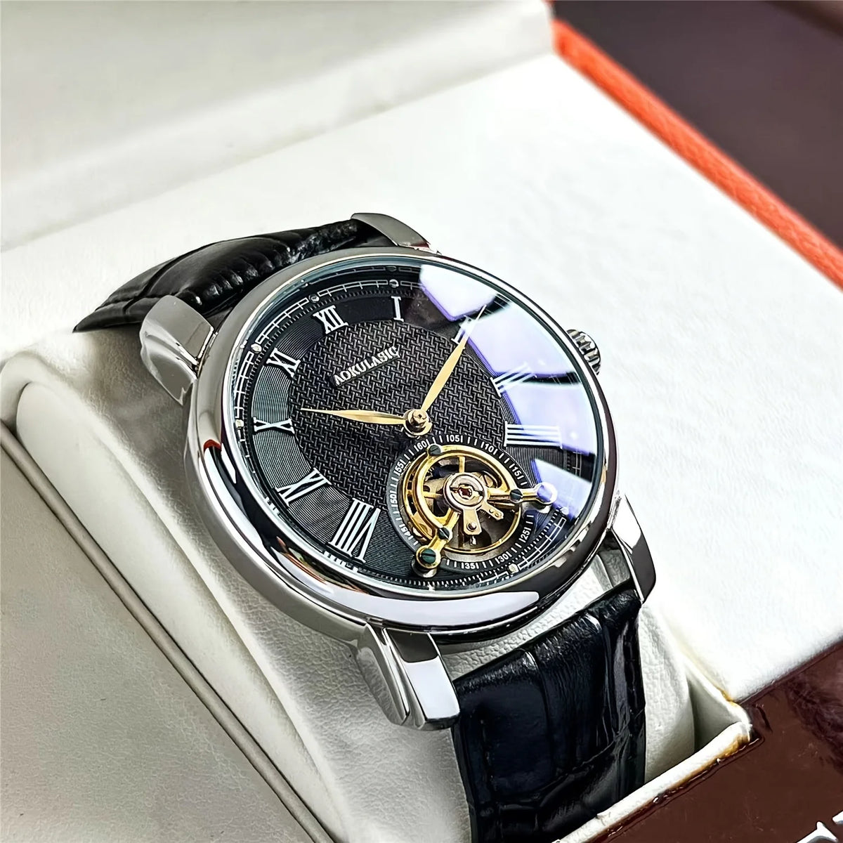 Orologio meccanico automatico da uomo – Elegante design scheletrato, stile «business casual» di tendenza, cassa in lega e cinturino in pelle, senza batteria