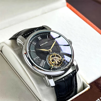 Orologio meccanico automatico da uomo – Elegante design scheletrato, stile «business casual» di tendenza, cassa in lega e cinturino in pelle, senza batteria