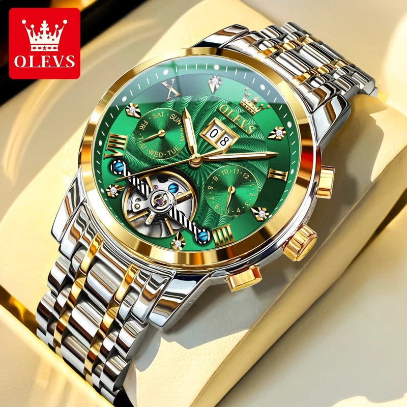 OLEVS 9910 Moška ura Originalna luksuzna blagovna znamka Vodoodporna Svetleča Avtomatska Mehanska ura Ura z dvojnim koledarjem Škatla za uro Reloj