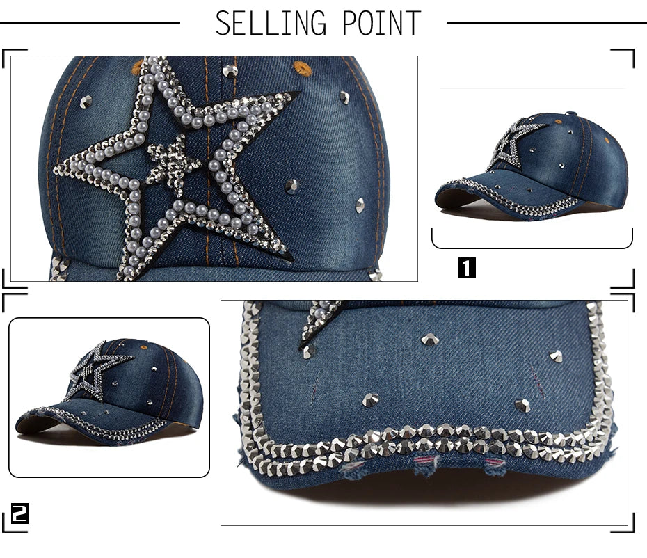 Y2K Pentagram Denim Cloth Baseball Cap Women Fashion Vintage Snapback Men Female Hip hop Shiny Rhinestone Hat For Spring Autumn