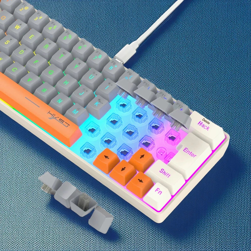 Keyboard RGB USB wired 63 keys gaming gamer compact  mini pc keyboards for trips,office,games business key board (Grey&Orange)