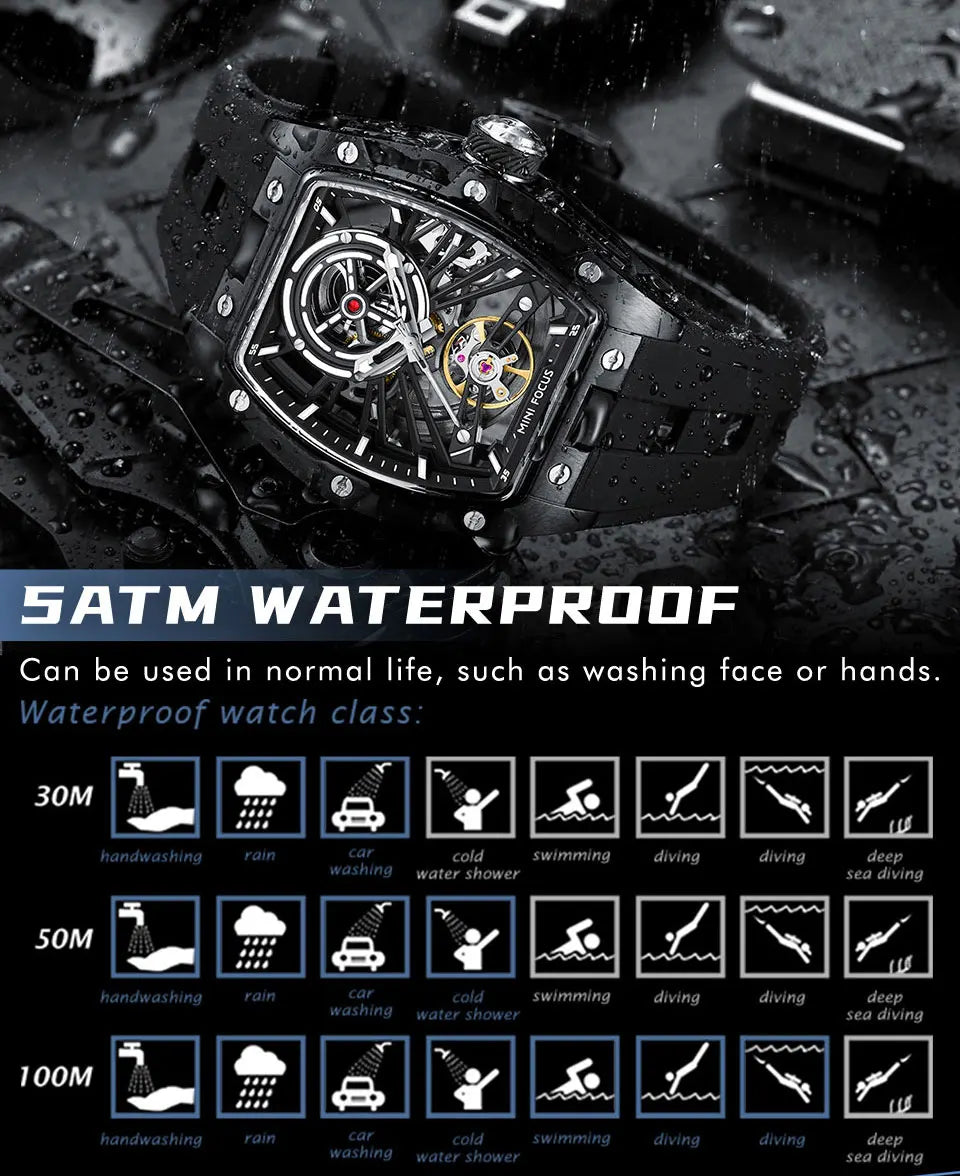 Reloj de pulsera MINI FOCUS para hombre, negro, a la moda, resistente al agua, mecánico automático, con manecillas luminosas, correa de silicona y esfera tonneau