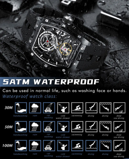 Reloj de pulsera MINI FOCUS para hombre, negro, a la moda, resistente al agua, mecánico automático, con manecillas luminosas, correa de silicona y esfera tonneau