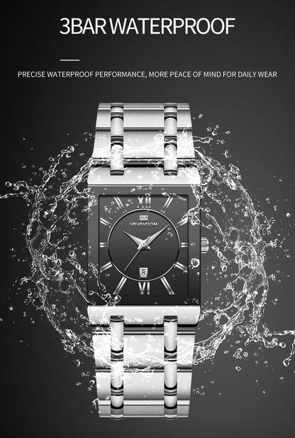 Herenzakelijk horloge, eenvoudig ontwerp, luxe mode, rechthoekig, zwart-goud, roestvrij staal, kalender, waterdicht, quartz, herenhorloges