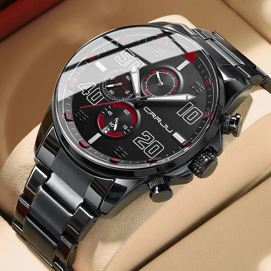 Orologio da uomo CRRJU – Cronografo di lusso, quadrante grande, acciaio inossidabile, impermeabile, con datario