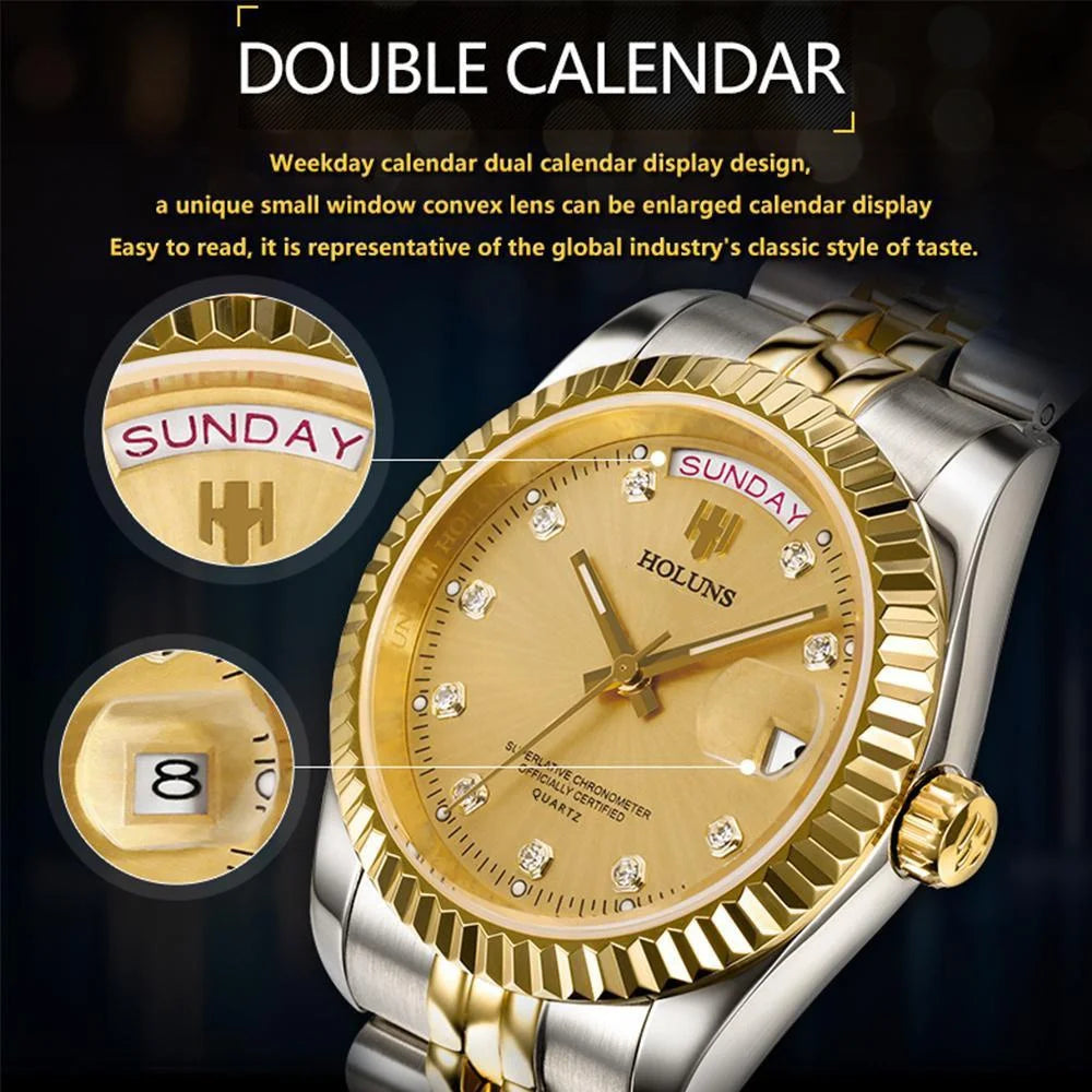 Relojes de hombre Holuns Luxury Classic de 36/41 mm en oro, con movimiento de cuarzo MIYOTA de Japón, de acero inoxidable, reloj de pulsera clásico de negocios, resistente al agua