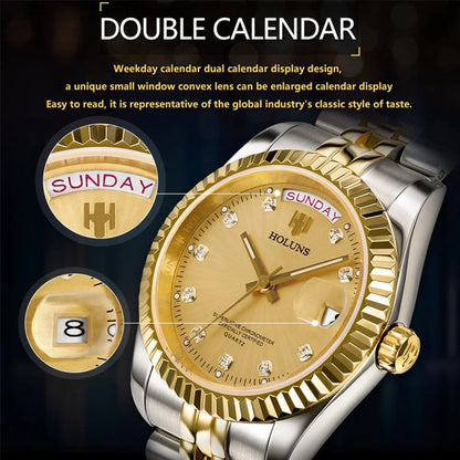 Relojes de hombre Holuns Luxury Classic de 36/41 mm en oro, con movimiento de cuarzo MIYOTA de Japón, de acero inoxidable, reloj de pulsera clásico de negocios, resistente al agua