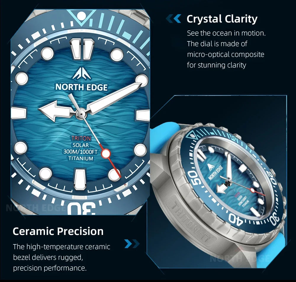 NORTH EDGE NEW+ TRITON-TI Titanium Solar-Powered Diving Watch Luxury Quartz Watches for Men 300M Waterproof 180+ Day Power