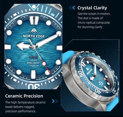 NORTH EDGE NEW+ TRITON-TI Titanium Solar-Powered Diving Watch Luxury Quartz Watches for Men 300M Waterproof 180+ Day Power