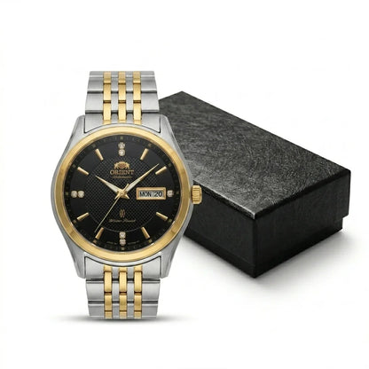 Orologio meccanico automatico da uomo Orient, con doppio calendario (data e giorno della settimana), indici in cristallo e bracciale in acciaio inossidabile – Orologio da polso dallo stile professionale