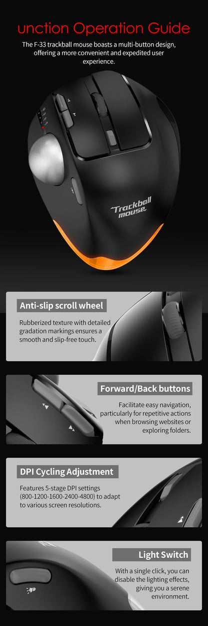 Lefon F33/F26C/F35B Trackball Mouse/ Bluetooth Ergonomic Mouse 2.4G Wireless Rechargeable Rollerball Mice for PC Office Drawing