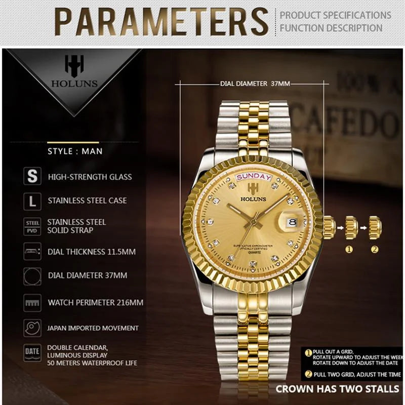 Relojes de hombre Holuns Luxury Classic de 36/41 mm en oro, con movimiento de cuarzo MIYOTA de Japón, de acero inoxidable, reloj de pulsera clásico de negocios, resistente al agua