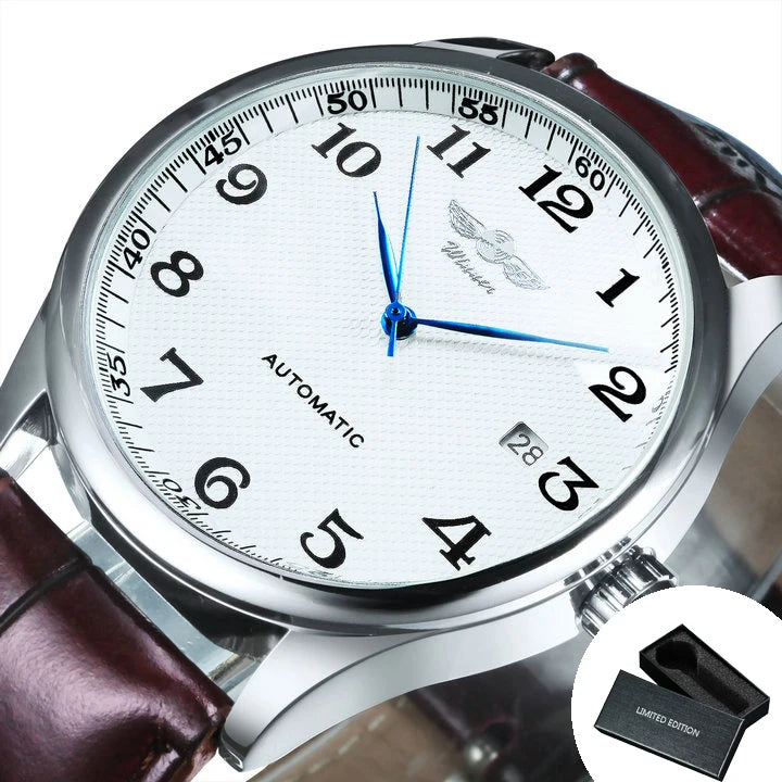 Orologio da uomo WINNER – Stile classico, retrò ed elegante – Orologio meccanico a carica automatica con calendario – Marchio di lusso, cassa in acciaio e cinturino in pelle