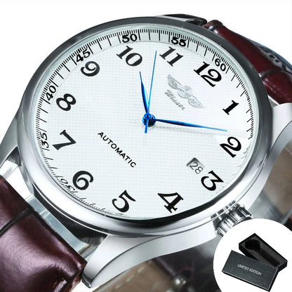 Orologio da uomo WINNER – Stile classico, retrò ed elegante – Orologio meccanico a carica automatica con calendario – Marchio di lusso, cassa in acciaio e cinturino in pelle