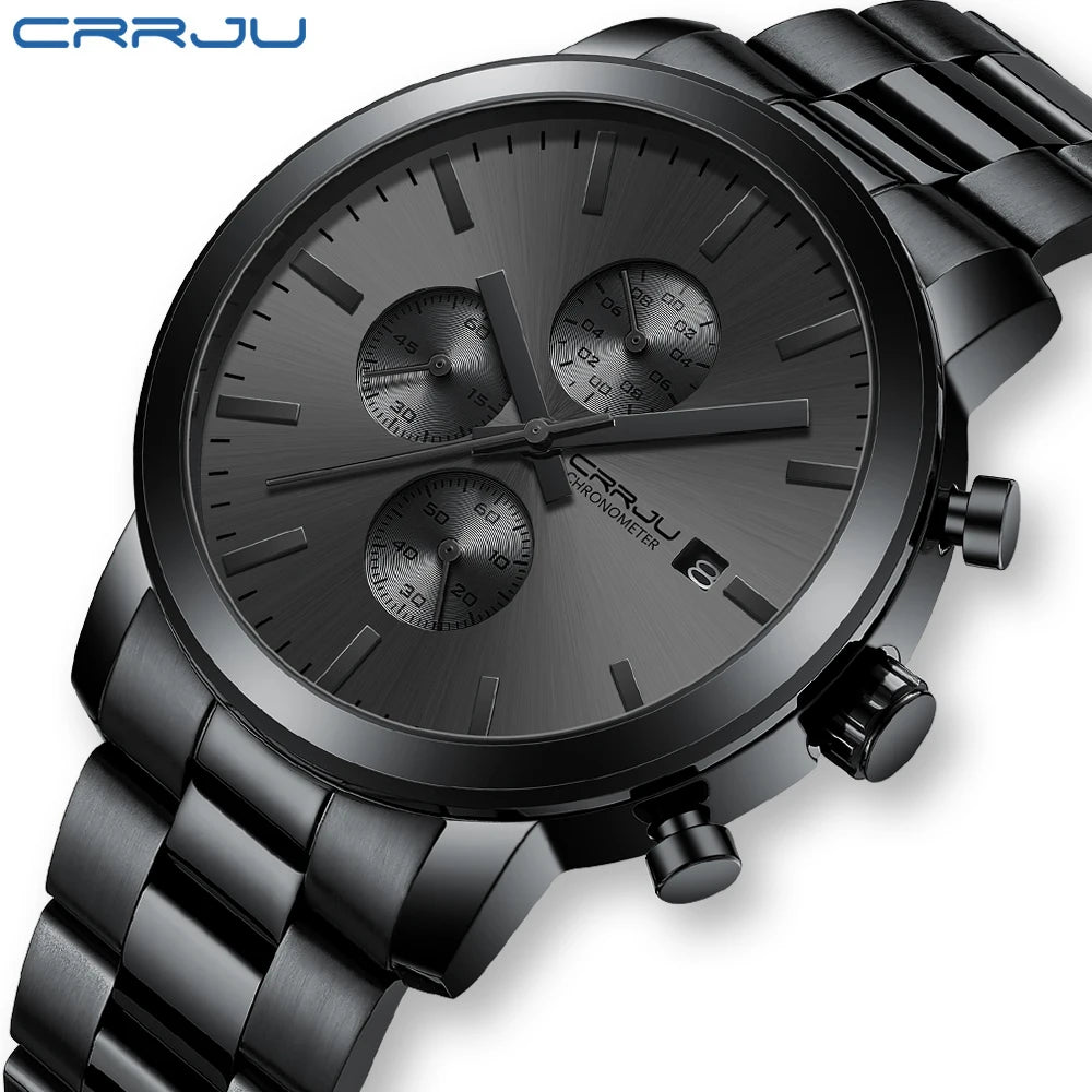 Orologio da uomo CRRJU – Cronografo in acciaio inossidabile, impermeabile, con datario, movimento al quarzo analogico, stile elegante e professionale