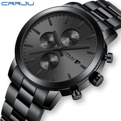 Orologio da uomo CRRJU – Cronografo in acciaio inossidabile, impermeabile, con datario, movimento al quarzo analogico, stile elegante e professionale