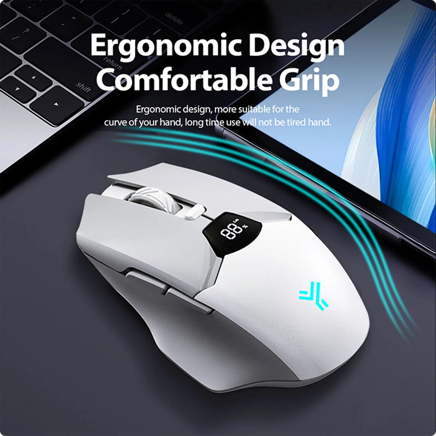 Wireless Bluetooth Mouse with Digital Battery Display, Silent Ergonomic Mouse for PC Laptop Gaming, 2.4G/Bluetooth 5.0