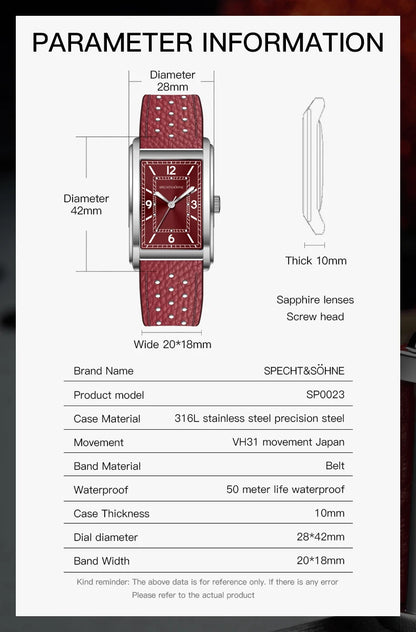 Specht & Söhne New fashion 28MM Square Watch For Men VH31 Movt Sports Watches Blue Stainless Steel Sapphire Crystal Waterproof
